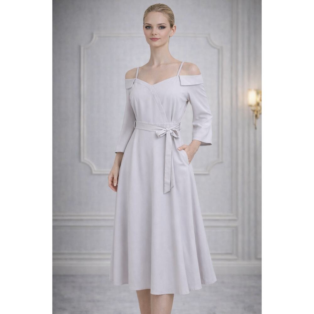 ✨ IZP Beige Off-Shoulder Wrap Midi Dress w/ Belt | Elegant Calf-Length Size M